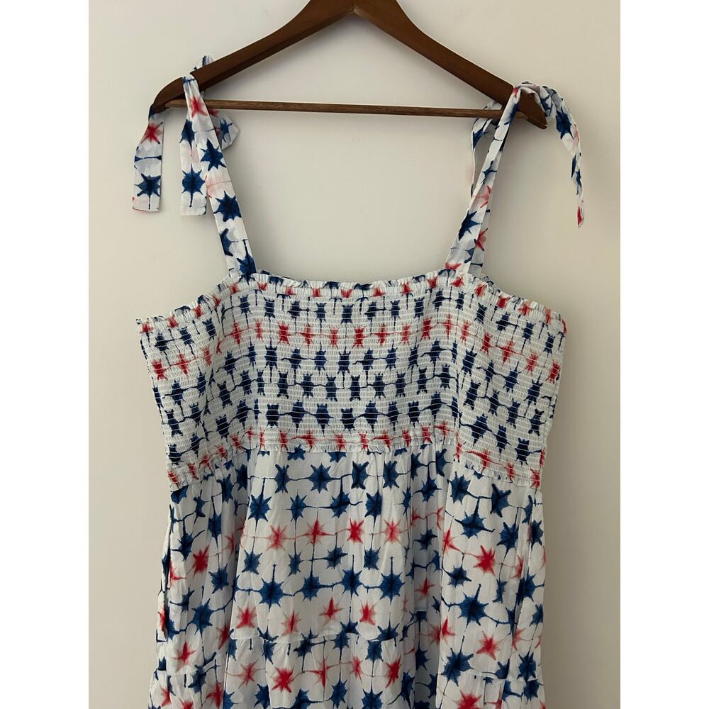 J Crew Red White Blue Maxi Tiered Smocked Tie Shoulder Dress Cotton Fireworks 2X - Picture 10 of 11